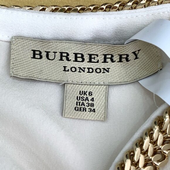 BURBERRY LONDON White Silk Blouse With Gold Chain Neckline 3/4 Sleeve Size US 4 - Picture 4 of 7